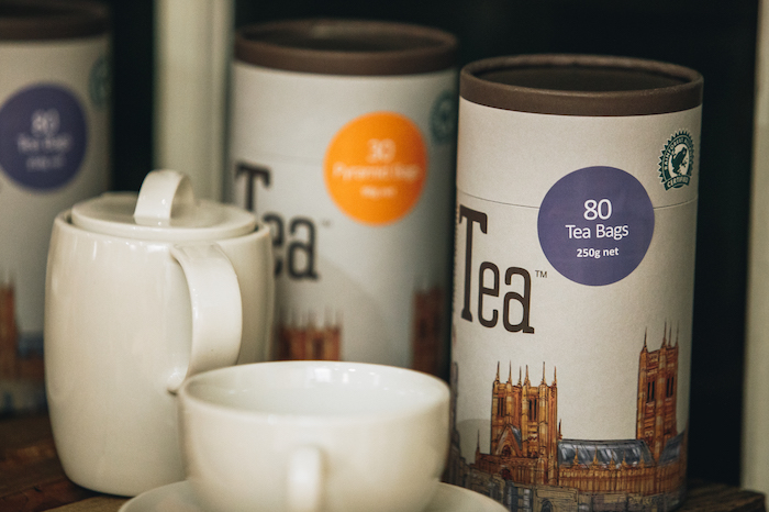 Lincolnshire Tea packaging containing 80 tea bags with tea pot and cup and saucer