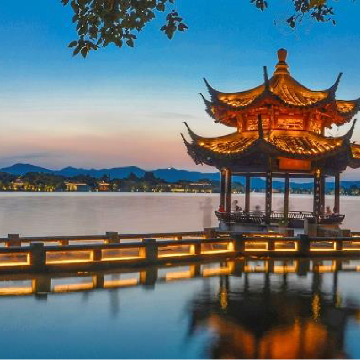 Chinese temple architecture next to a lake