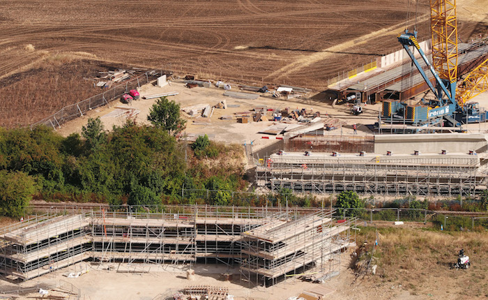 Aerial view of excavation and construction site