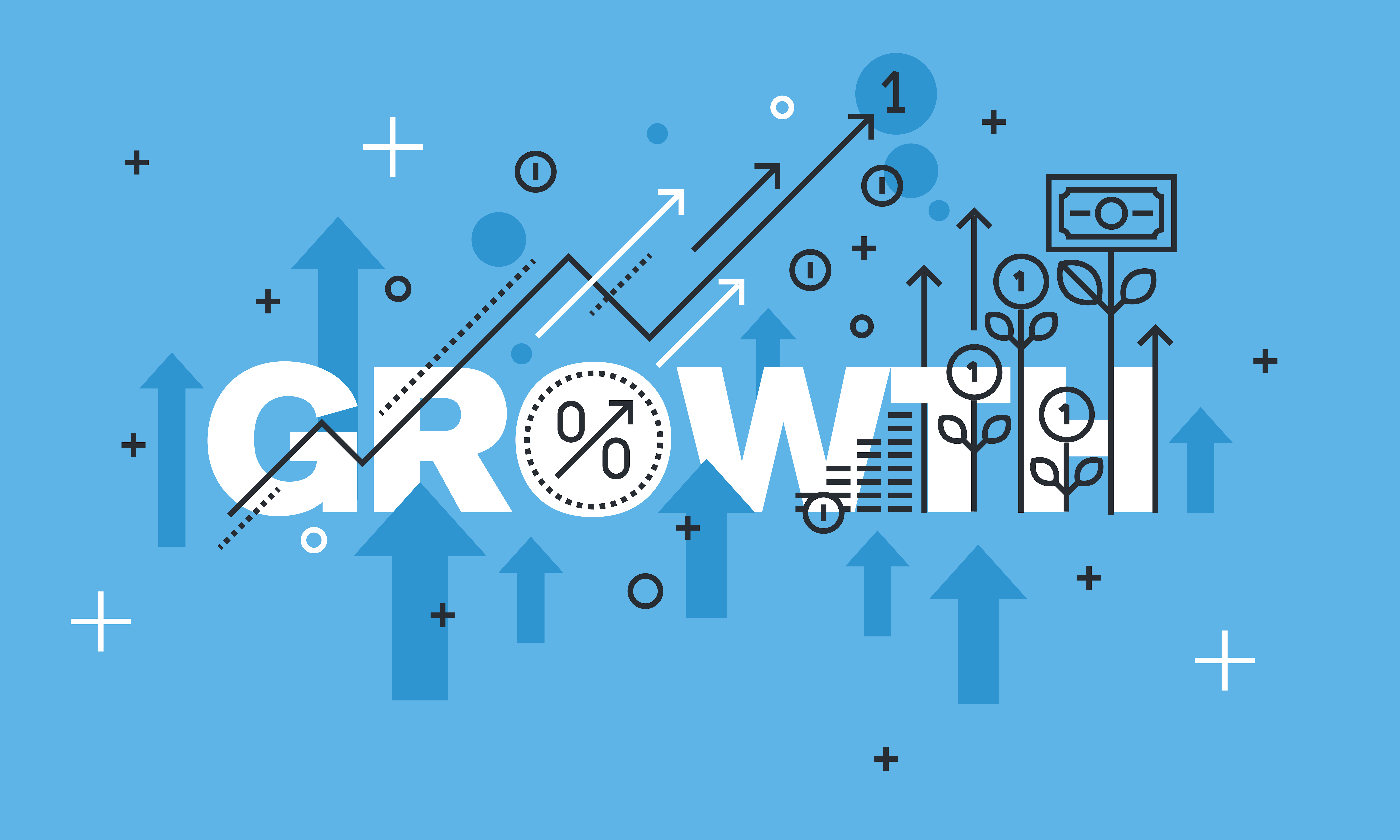 Growth text on blue backgrounds with arrows in the forefront