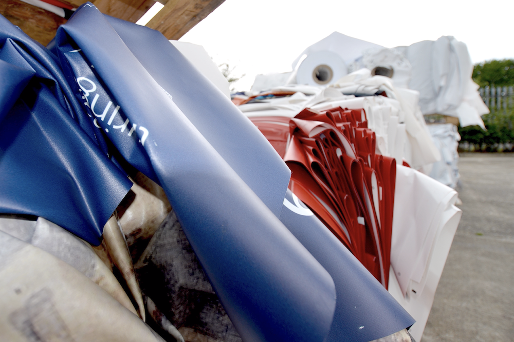 Close up of red, white and blue printed vinyl