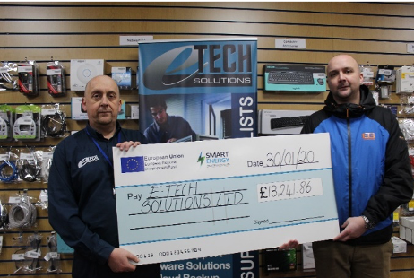 Two gentlemen holding a cheque