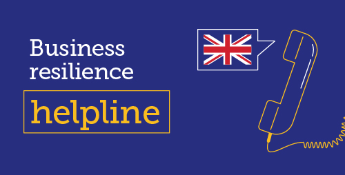 Business resilience helpline with icon of a phone and UK flag in a speech bubble