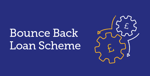 Bounce Back Loan Scheme with icon of 2 cog wheels with pound signs in them