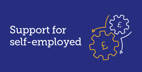 Support for self-employed with icon of 2 cog wheels with pound signs in them