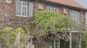 Image of a traditional style cottage with greenery growing over the porch