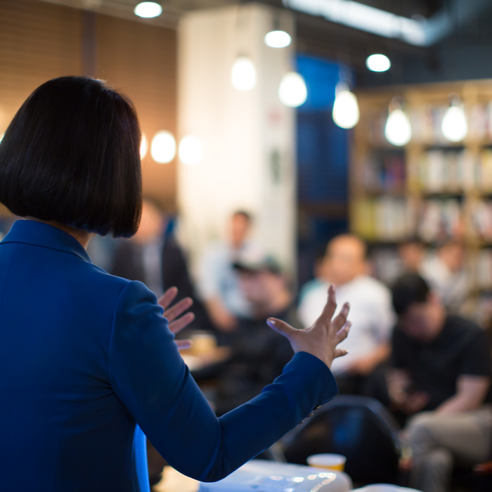 Woman presenting business pitch to a panel