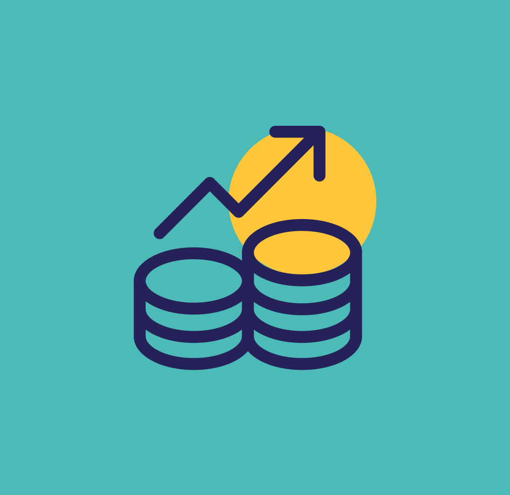 Arrow going upwards with coins, yellow circle and green background